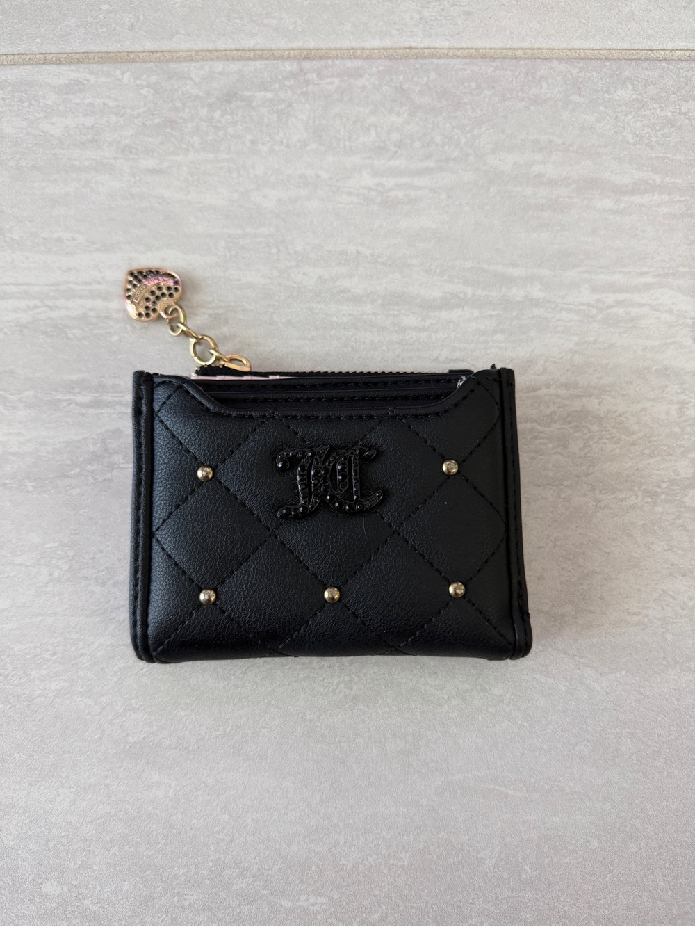 Juicy Couture Black Quilted Card Case Wallet with Gold Studs
